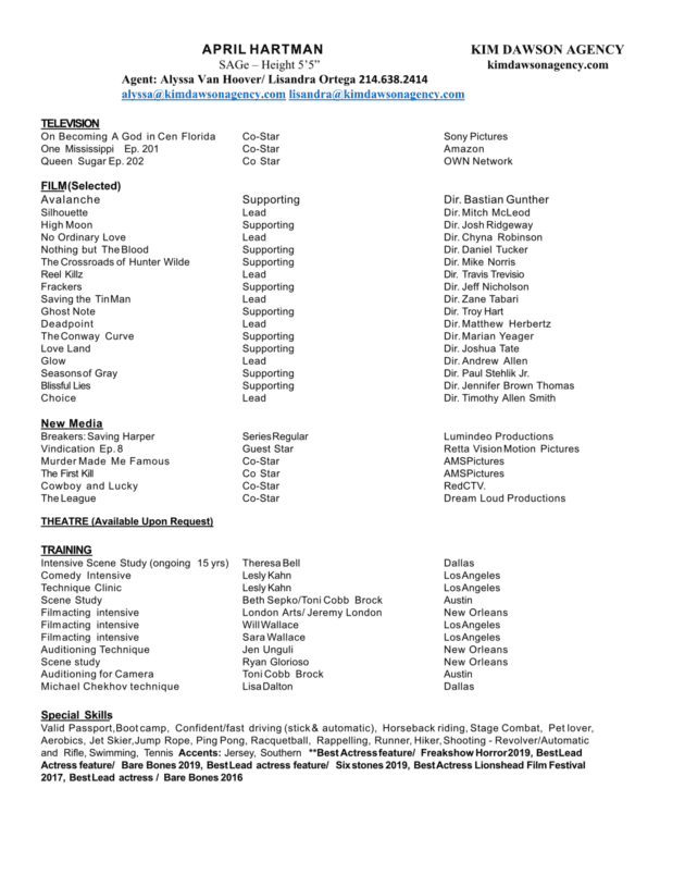 Actress resume with film and television credits.